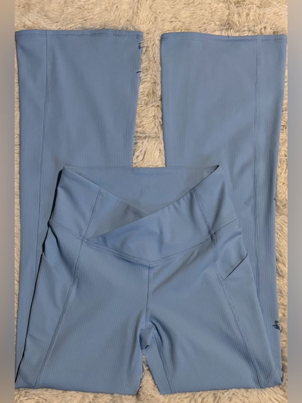 Fabletics Ribbed Flare Yoga Pants Light Blue Size Small High Rise Pocket Legging